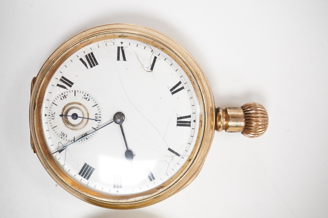 An early 20th century gilt pocket watch and a pocket watch movement, the gilt pocket watch cased by ALD Dennison, numbered 214665, movement numbered 308461, length 6.3cm; together with a pocket watch movement, the white